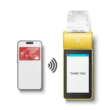 Vector 3d Yellow NFC Payment Terminal with Smartphone Closeup. Approved Payment Stock Illustration