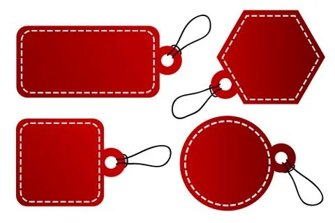 Vector 4 Shape Vector Red Gradient Tag, White Stitch Border With Black Rope,  Stock Illustration