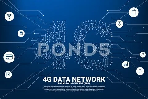 Vector 4G dot connect line circuit board style mobile data icon. Stock Illustration