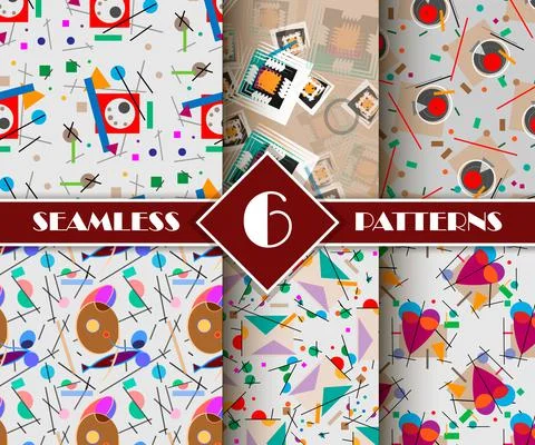 Vector 6 seamless patterns composition of geometric shapes on a gray backgrou Stock Illustration