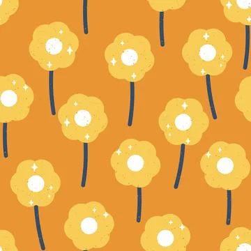 Vector 60s inspired Cute Daisies with Retro Texture in Orange and Blue seamless Stock Illustration