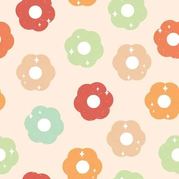 Vector 60s inspired Sparkling Daisies with Retro Texture on Soft Beige seamless Stock Illustration