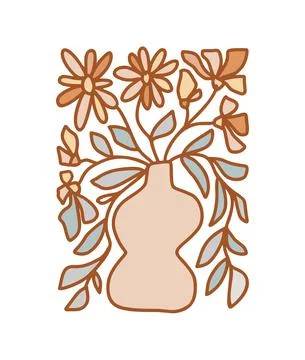 Vector 70s inspired pattern in rectangular shape. Flower in vase Groovy hippie 스톡 일러스트