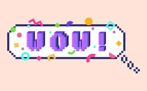 Vector 8 bit pixel art speech bubble with 3D letters phrase WOW. Colorful geo Stock Illustration