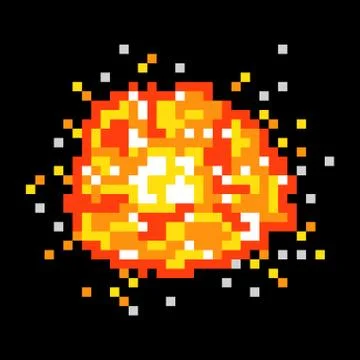 Vector 8 bit pixel art explosion background. Bright fire dissipation on black Stock Illustration