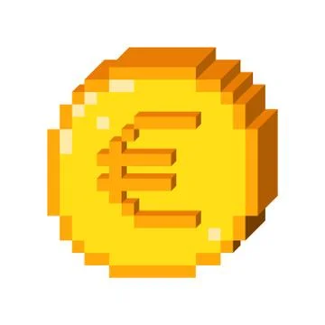Vector 8 bit pixel art 3D euro icon. Color concept of euro currency. Stock Illustration