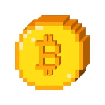 Vector 8 bit pixel art bitcoin icon. Color  3D concept of cryptocurrency. Stock Illustration