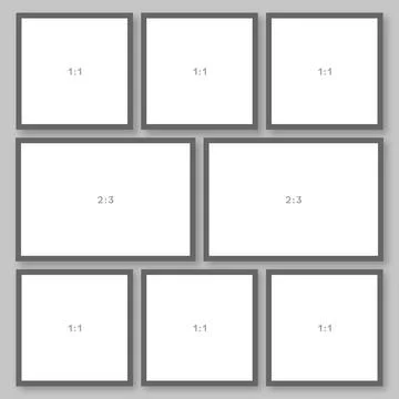 Vector 8 Frame Photo Collage Mockup, 1:1 Square and 2:3 Rectangle Image Gri.. Illustrazione stock