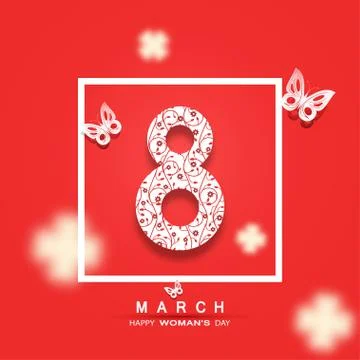 Vector 8 of March Woman's Day on the red background with leaf silhouettes, .. Stock Illustration