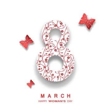 Vector 8 of March Woman's Day on the white background with text and butterf.. Stock Illustration