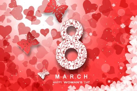 Vector 8 of March Woman's Day on the gradient red background with hearts si.. Stock Illustration