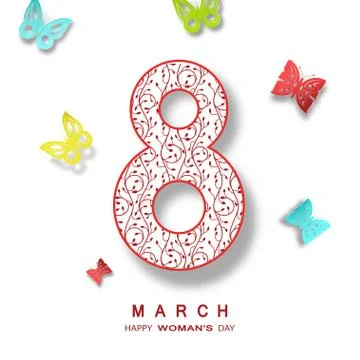 Vector 8 of March Woman's Day on the white background with text and butterf.. Stock Illustration