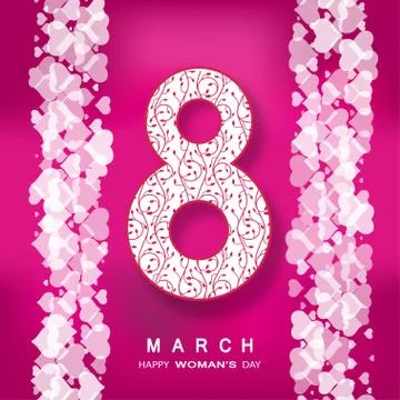 Vector 8 of March Woman's Day on the dark pink background with number, hear.. Stock Illustration