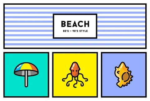 Vector 80s or 90s Stylish Icon Set with Retro Colours Stock Illustration