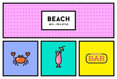 Vector 80s or 90s Stylish Icon Set with Retro Colours Stock Illustration