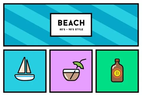 Vector 80s or 90s Stylish Icon Set with Retro Colours Stock Illustration