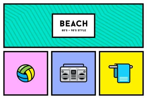 Vector 80s or 90s Stylish Icon Set with Retro Colours Stock Illustration