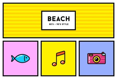 Vector 80s or 90s Stylish Icon Set with Retro Colours Stock Illustration