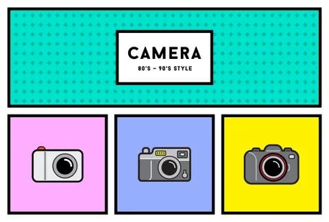 Vector 80's or 90's Stylish Photo Camera Icon Set with Retro Colors Stock Illustration