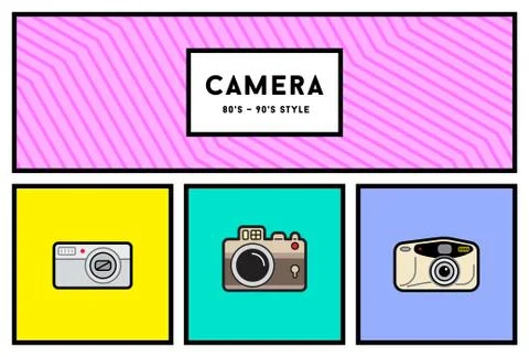 Vector 80's or 90's Stylish Photo Camera Icon Set with Retro Colors Stock Illustration