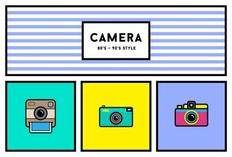 Vector 80's or 90's Stylish Photo Camera Icon Set with Retro Colors Stock Illustration