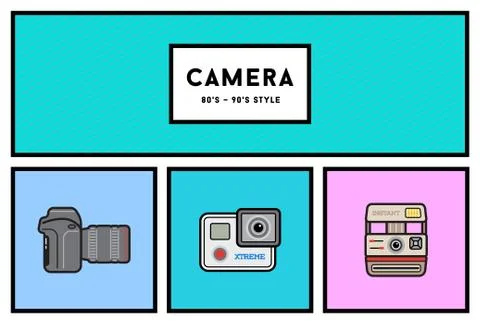 Vector 80's or 90's Stylish Photo Camera Icon Set with Retro Colors Stock Illustration