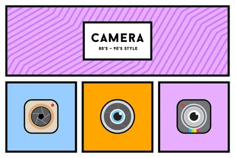 Vector 80's or 90's Stylish Photo Camera Icon Set with Retro Colors Stock Illustration