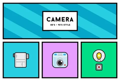 Vector 80's or 90's Stylish Photo Camera Icon Set with Retro Colors Stock Illustration