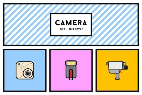 Vector 80's or 90's Stylish Photo Camera Icon Set with Retro Colors Stock Illustration