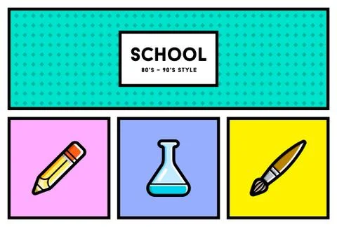 Vector 80's or 90's Stylish School Education Icon Set with Retro Colors Stock Illustration