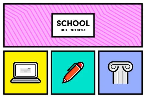 Vector 80's or 90's Stylish School Education Icon Set with Retro Colors Illustrazione stock