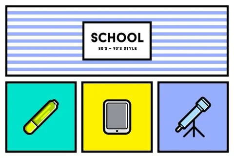 Vector 80's or 90's Stylish School Education Icon Set with Retro Colors Stock Illustration
