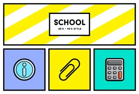 Vector 80's or 90's Stylish School Education Icon Set with Retro Colors 스톡 일러스트