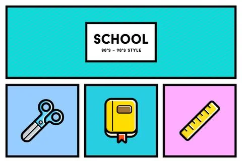 Vector 80's or 90's Stylish School Education Icon Set with Retro Colors Stock Illustration