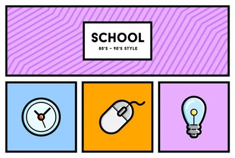Vector 80's or 90's Stylish School Education Icon Set with Retro Colors Stock Illustration