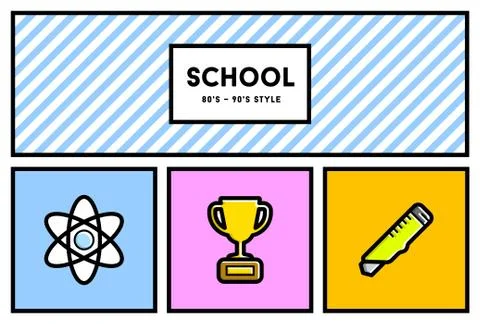 Vector 80's or 90's Stylish School Education Icon Set with Retro Colors Stock Illustration