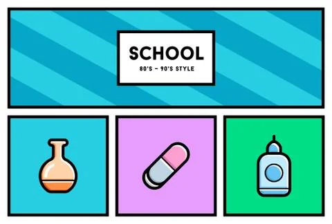Vector 80's or 90's Stylish School Education Icon Set with Retro Colors Stock Illustration