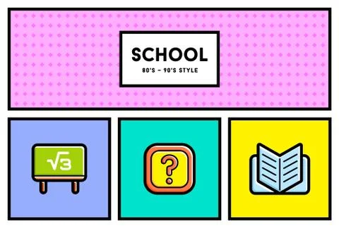 Vector 80's or 90's Stylish School Education Icon Set with Retro Colors Stock Illustration