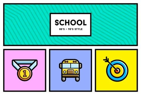 Vector 80's or 90's Stylish School Education Icon Set with Retro Colors Stock Illustration