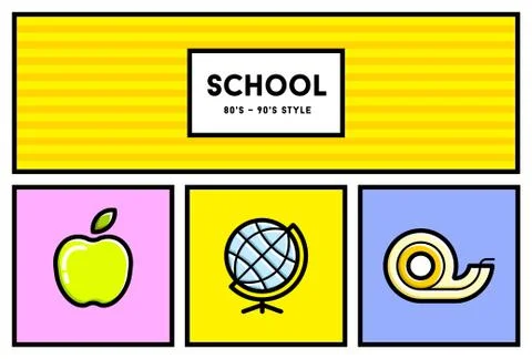 Vector 80's or 90's Stylish School Education Icon Set with Retro Colors Stock Illustration