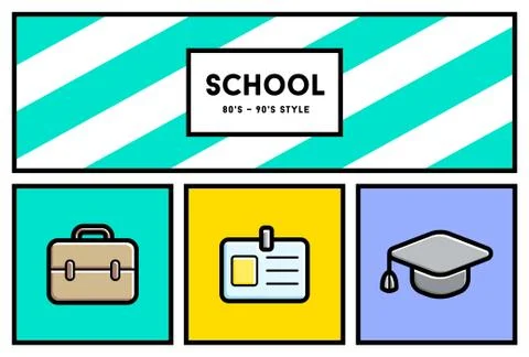 Vector 80's or 90's Stylish School Education Icon Set with Retro Colors Stock Illustration