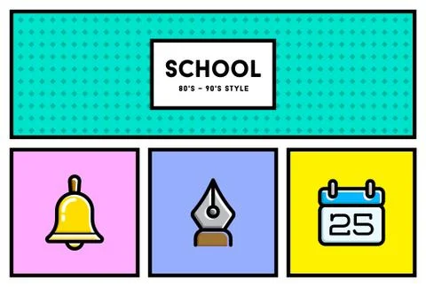 Vector 80's or 90's Stylish School Education Icon Set with Retro Colors Stock Illustration