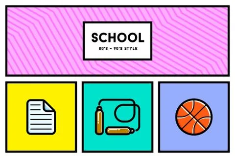 Vector 80's or 90's Stylish School Education Icon Set with Retro Colors Stock Illustration