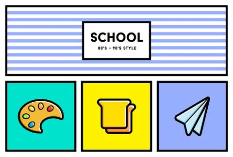 Vector 80's or 90's Stylish School Education Icon Set with Retro Colors Stock Illustration