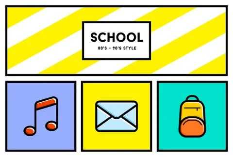 Vector 80's or 90's Stylish School Education Icon Set with Retro Colors Stock Illustration