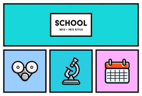 Vector 80's or 90's Stylish School Education Icon Set with Retro Colors Stock Illustration