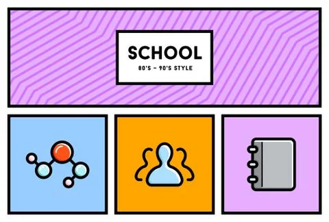 Vector 80's or 90's Stylish School Education Icon Set with Retro Colors Stock Illustration