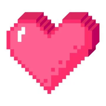 Vector 8bit pixel art heart in 3D perspective icon. Pink love sign made of cu Stock Illustration