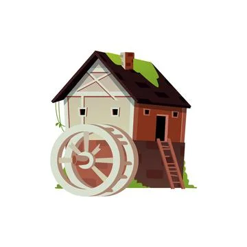 Vector of an abandoned watermill with a broken wheel, a ladder and a buildi.. Ilustración de archivo