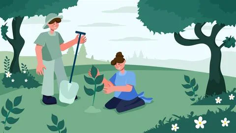 Vector about planting tree with somebody in summer or spring days. Ilustração Stock